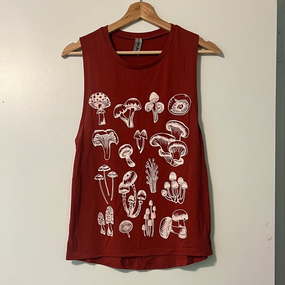 Rust Red Mushroom Screen Printed  Muscle Tank